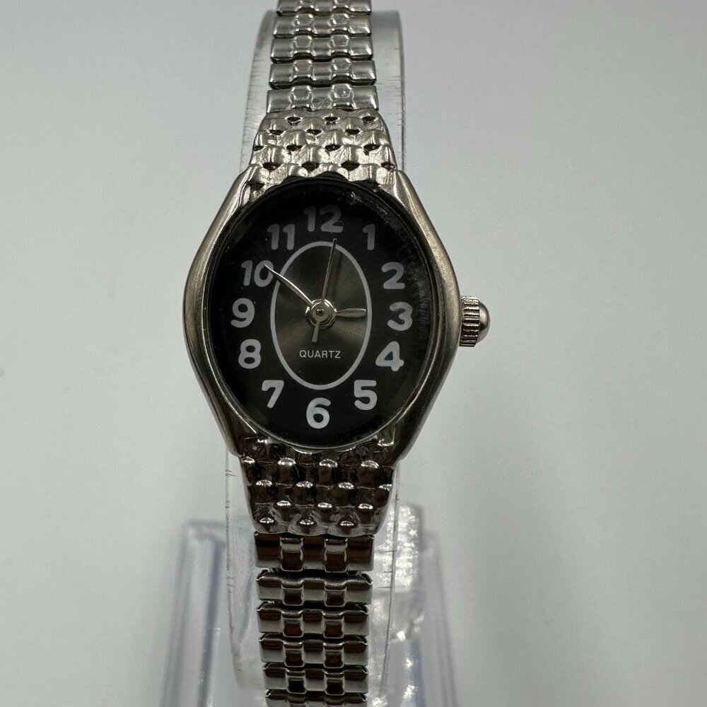3/$30 Oval Dial Watch Women Black Face Silver Stretch Band New Battery 6.25"